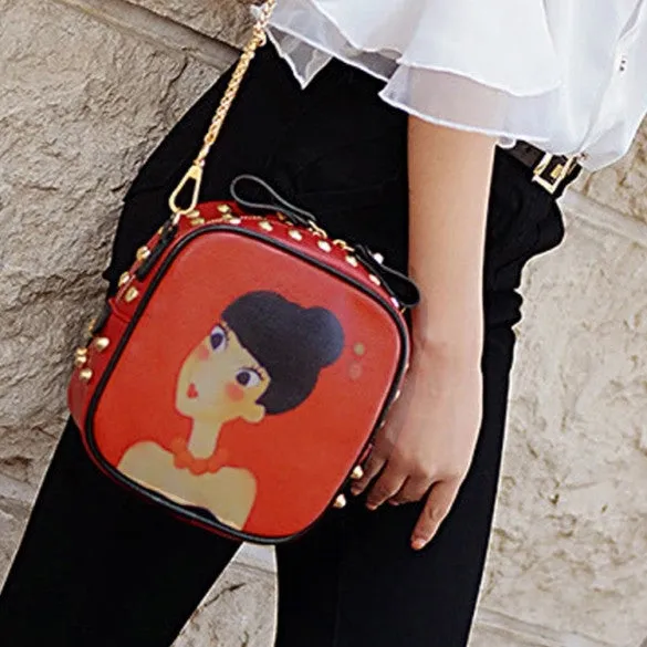 New Fashion Women Synthetic Leather Rivet Decorated Character Pattern Shoulder Bag Messenger Bag Clutch Bag