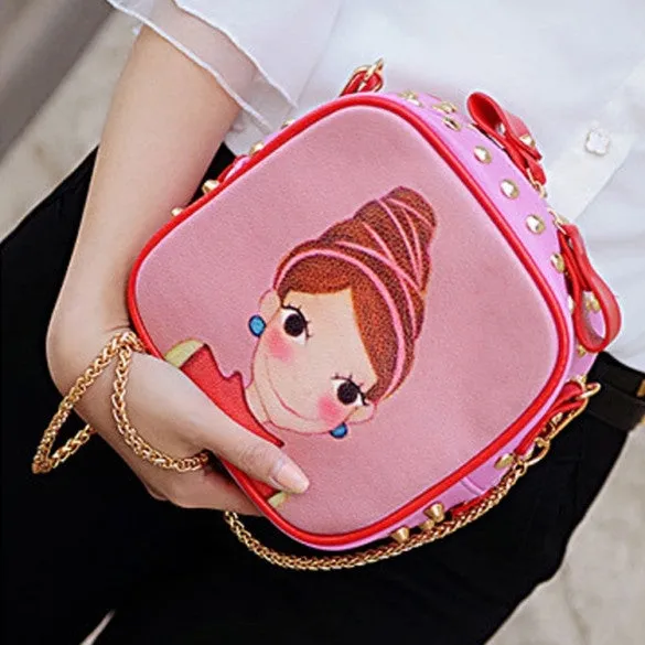 New Fashion Women Synthetic Leather Rivet Decorated Character Pattern Shoulder Bag Messenger Bag Clutch Bag