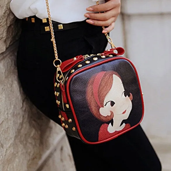 New Fashion Women Synthetic Leather Rivet Decorated Character Pattern Shoulder Bag Messenger Bag Clutch Bag
