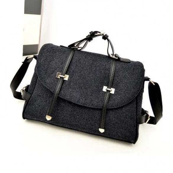 New Fashion Women's Wool & Faux Leather Tote Shoulder Bag Messenger Cross Body Handbag