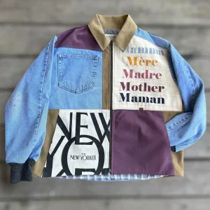 Patchwork Denim Jacket with Iconic New Yorker Totes and Mamma Print