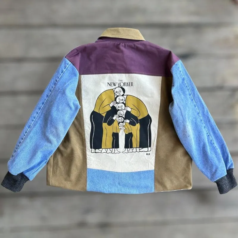 Patchwork Denim Jacket with Iconic New Yorker Totes and Mamma Print