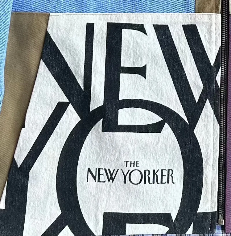 Patchwork Denim Jacket with Iconic New Yorker Totes and Mamma Print