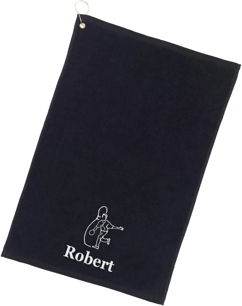 Personalized Cotton Bowling Towel with Embroidered Name with Clip (Black - Embroidered Name)