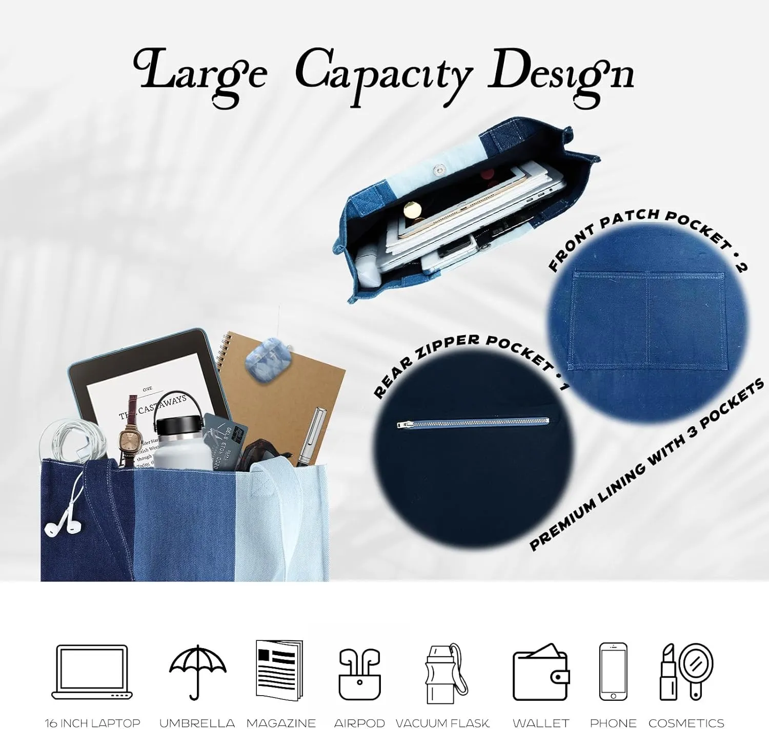 Premium Colorblock Denim Tote Bag for Women  2025 Summer Lightweight Foldable Large Designer Shoulder Bag with Pockets