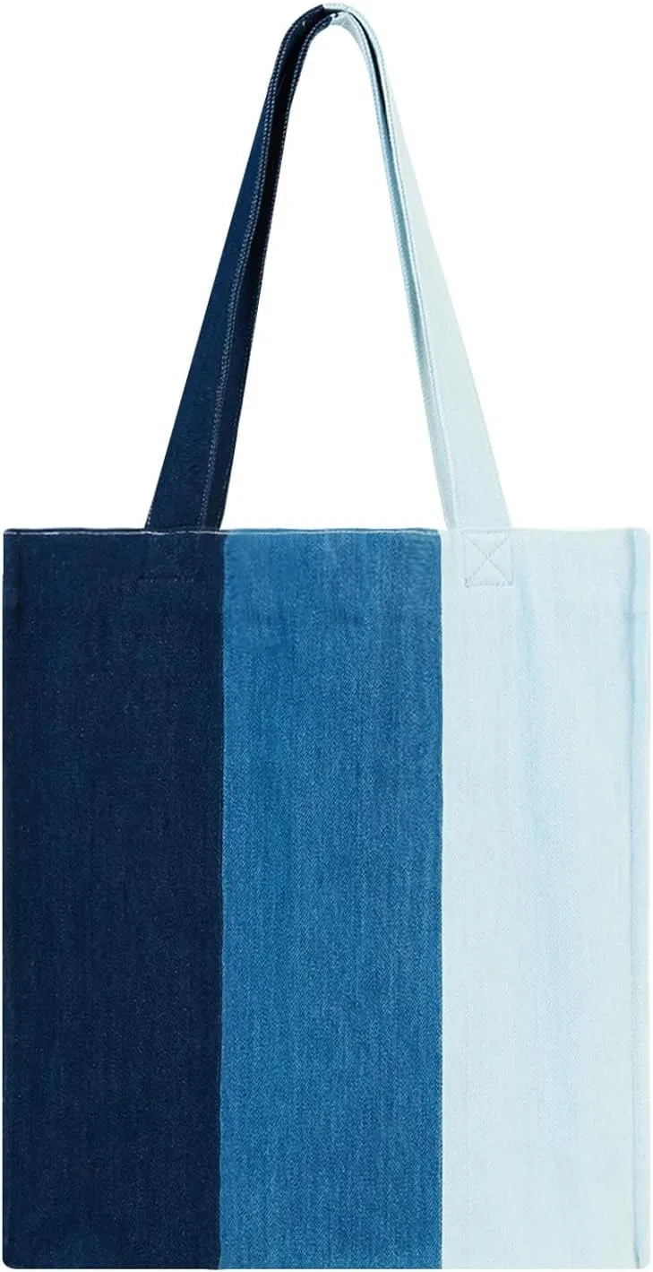Premium Colorblock Denim Tote Bag for Women  2025 Summer Lightweight Foldable Large Designer Shoulder Bag with Pockets