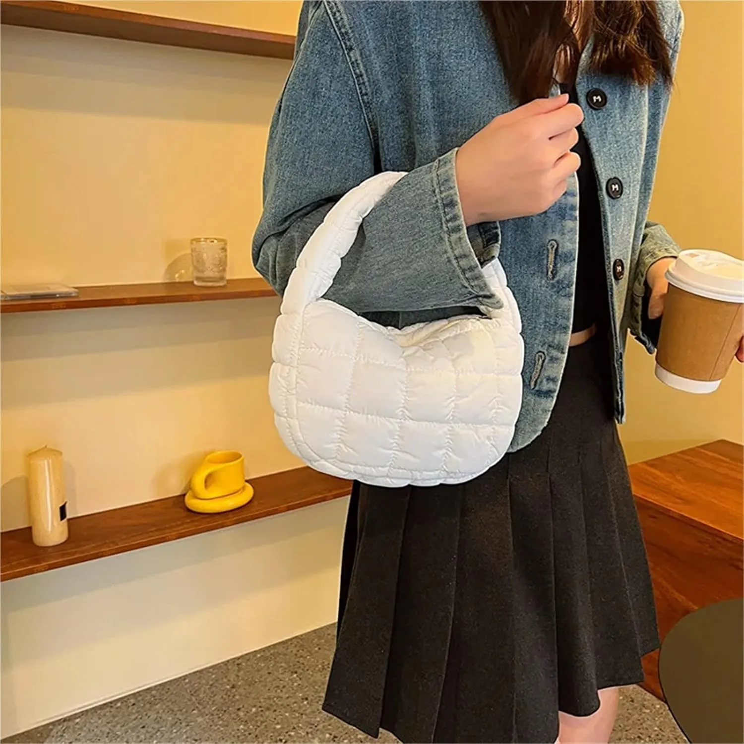 Puffer Tote Bag Fashion Quilted Shoulder Bags For Women Handbag Mini Cloud Pleated Bags Puffer Dumpling Bag(Pink)