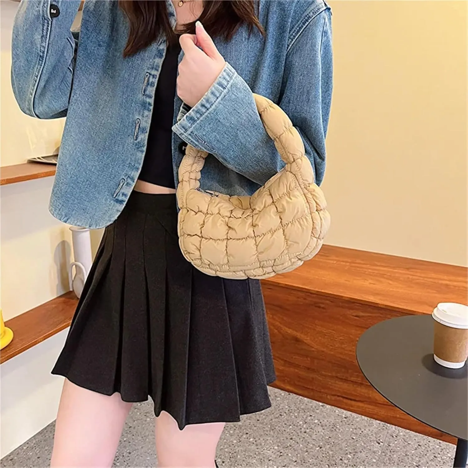 Puffer Tote Bag Fashion Quilted Shoulder Bags For Women Handbag Mini Cloud Pleated Bags Puffer Dumpling Bag(Pink)