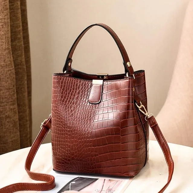 Retro Alligator Bucket Bags | Women Crocodile Pattern Handbag Capacity | Casual Crocodile Shoulder Messenger Bags Ladies PU Purse