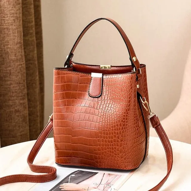Retro Alligator Bucket Bags | Women Crocodile Pattern Handbag Capacity | Casual Crocodile Shoulder Messenger Bags Ladies PU Purse