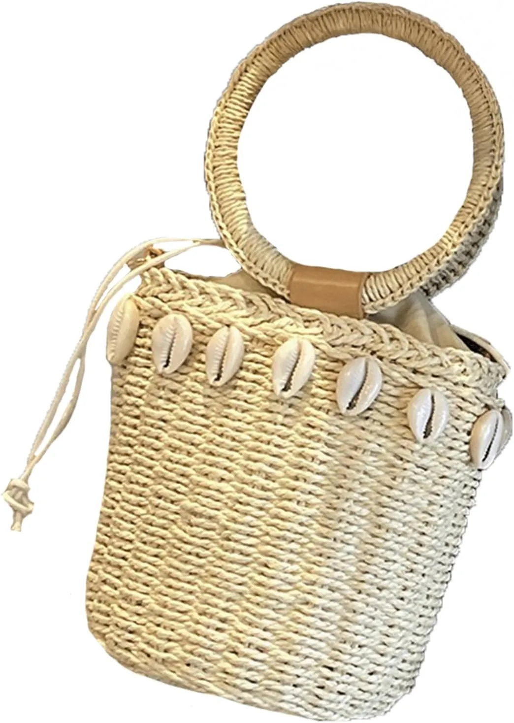 Shell Purse Straw Clutch Purse Woven Bucket Shoulder Crossbody Top Handle Beachy Seashell Bags Summer Vacation