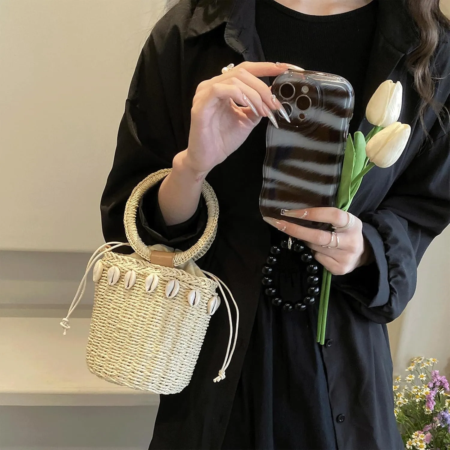 Shell Purse Straw Clutch Purse Woven Bucket Shoulder Crossbody Top Handle Beachy Seashell Bags Summer Vacation