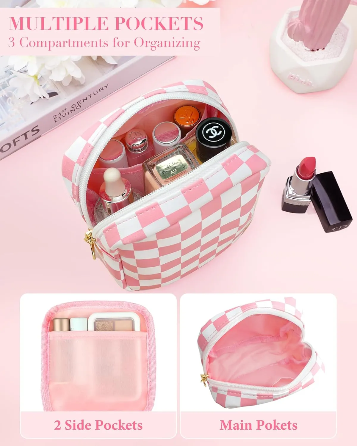 Small Makeup Bag for Purse, Mini Checkered Makeup Pouch for Women Girls, Little Cute Cosmetic Make Up Bags with Zipper, Leather Travel Toiletry Organizer for Teen (Pink)