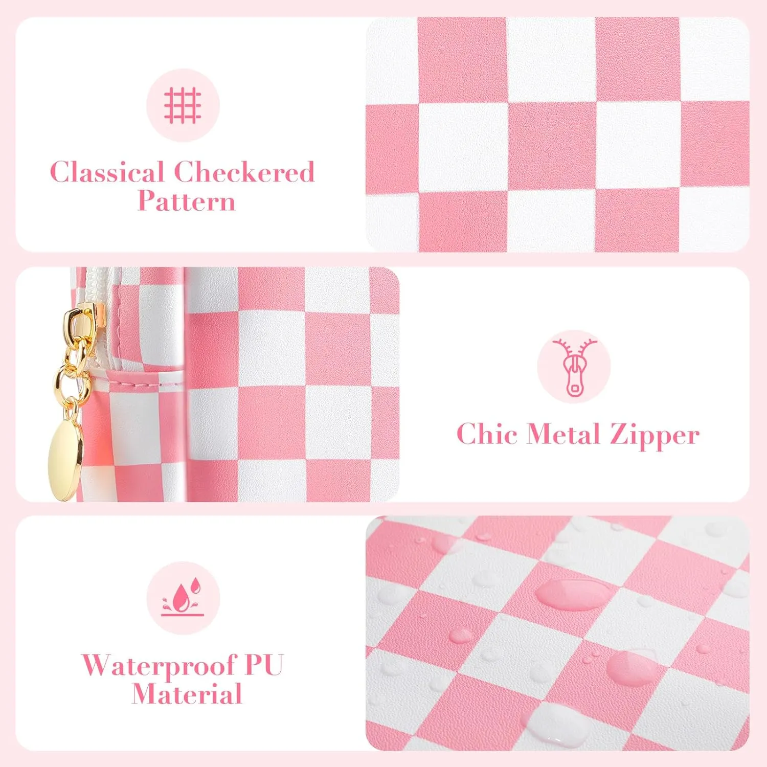 Small Makeup Bag for Purse, Mini Checkered Makeup Pouch for Women Girls, Little Cute Cosmetic Make Up Bags with Zipper, Leather Travel Toiletry Organizer for Teen (Pink)