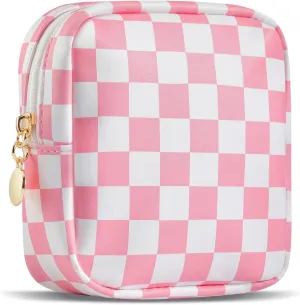 Small Makeup Bag for Purse, Mini Checkered Makeup Pouch for Women Girls, Little Cute Cosmetic Make Up Bags with Zipper, Leather Travel Toiletry Organizer for Teen (Pink)