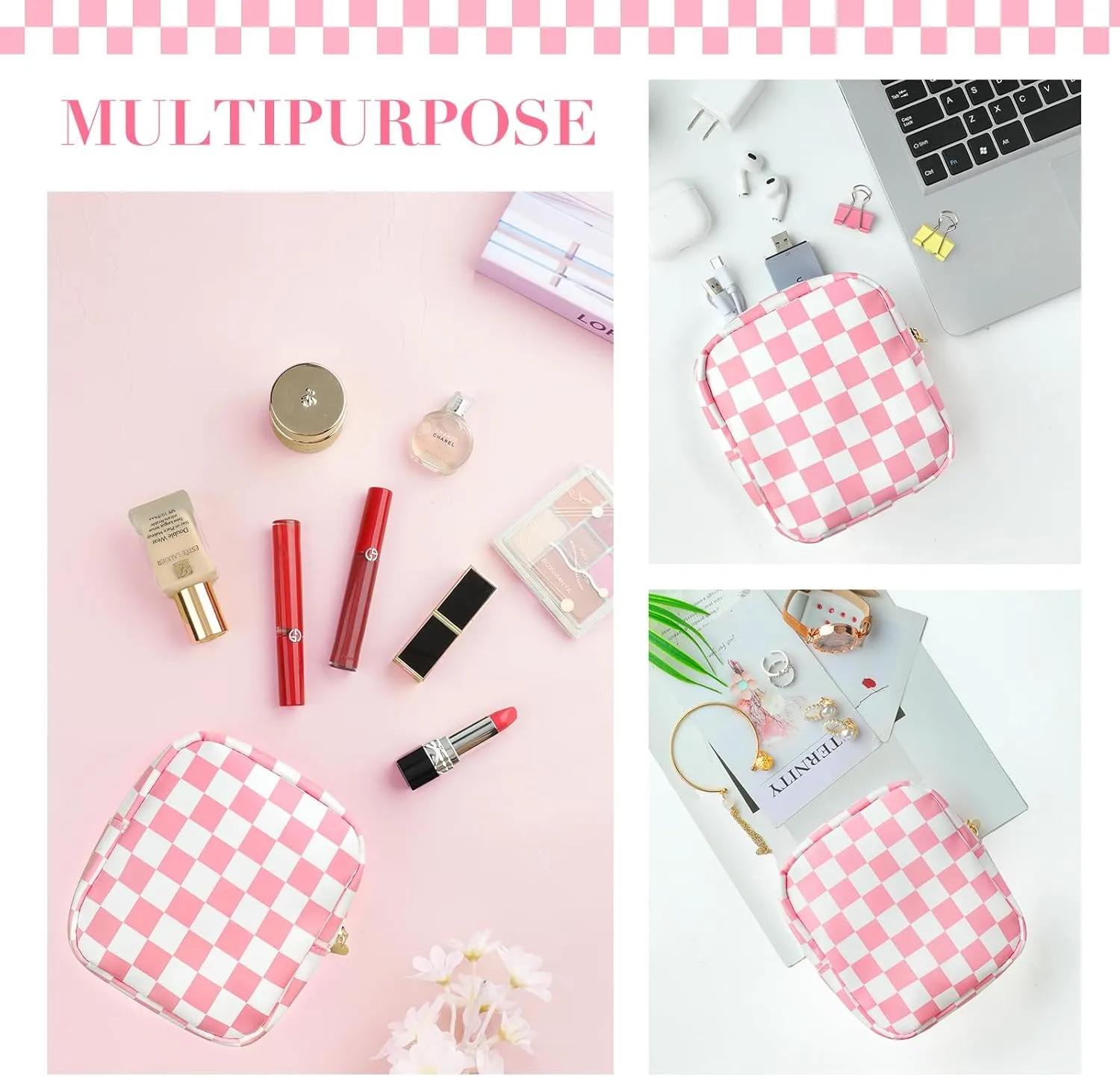 Small Makeup Bag for Purse, Mini Checkered Makeup Pouch for Women Girls, Little Cute Cosmetic Make Up Bags with Zipper, Leather Travel Toiletry Organizer for Teen (Pink)