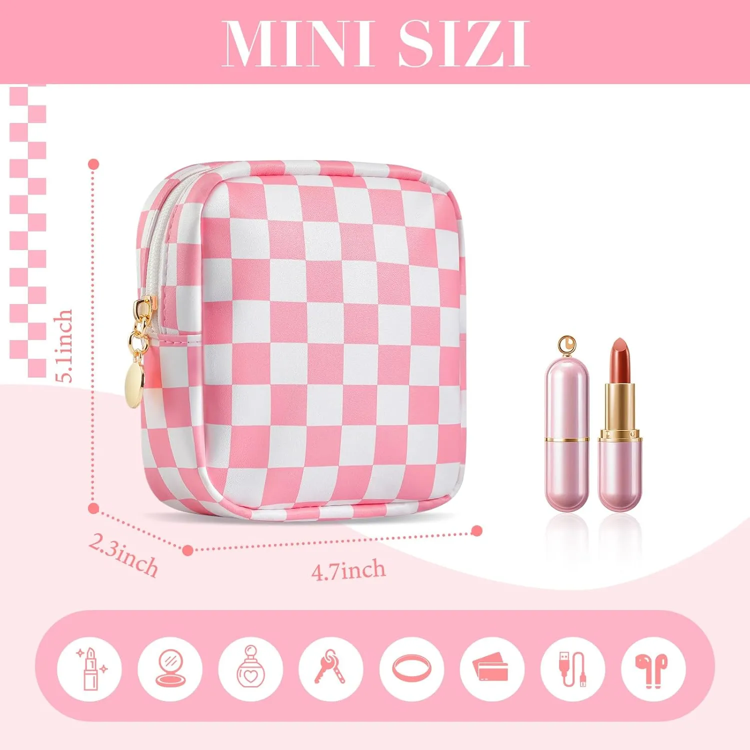 Small Makeup Bag for Purse, Mini Checkered Makeup Pouch for Women Girls, Little Cute Cosmetic Make Up Bags with Zipper, Leather Travel Toiletry Organizer for Teen (Pink)