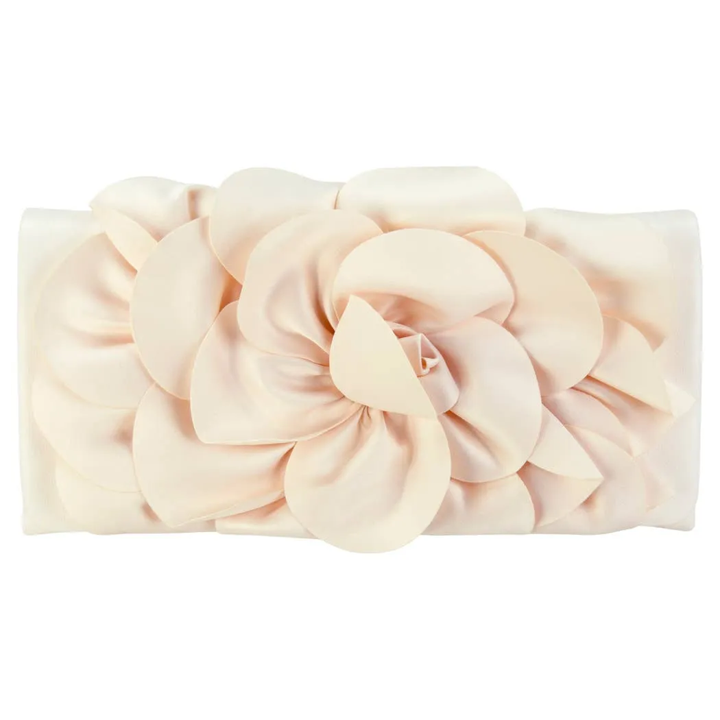 Soft Nappa Flap Clutch With Satin Rose Detail: BLACK