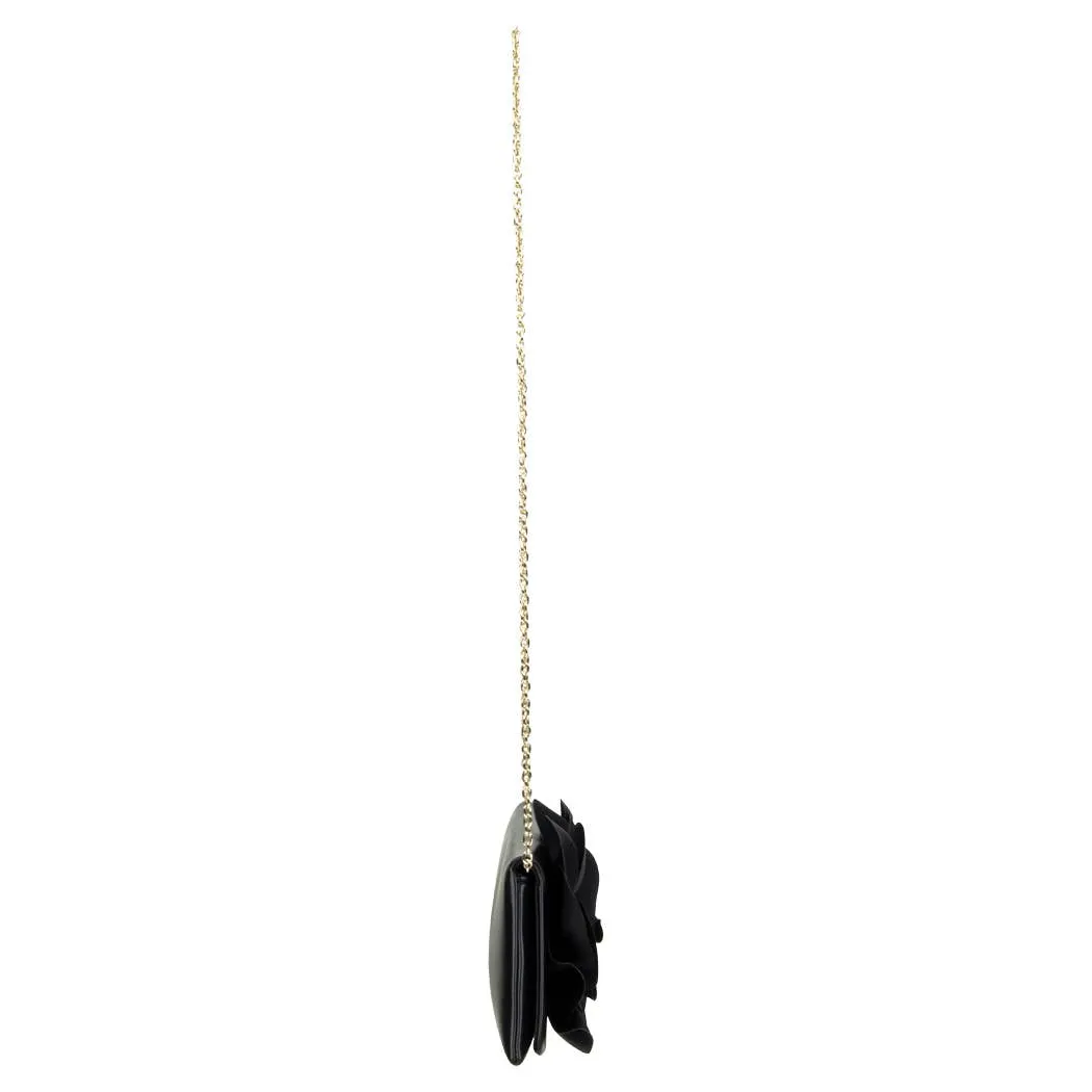 Soft Nappa Flap Clutch With Satin Rose Detail: BLACK