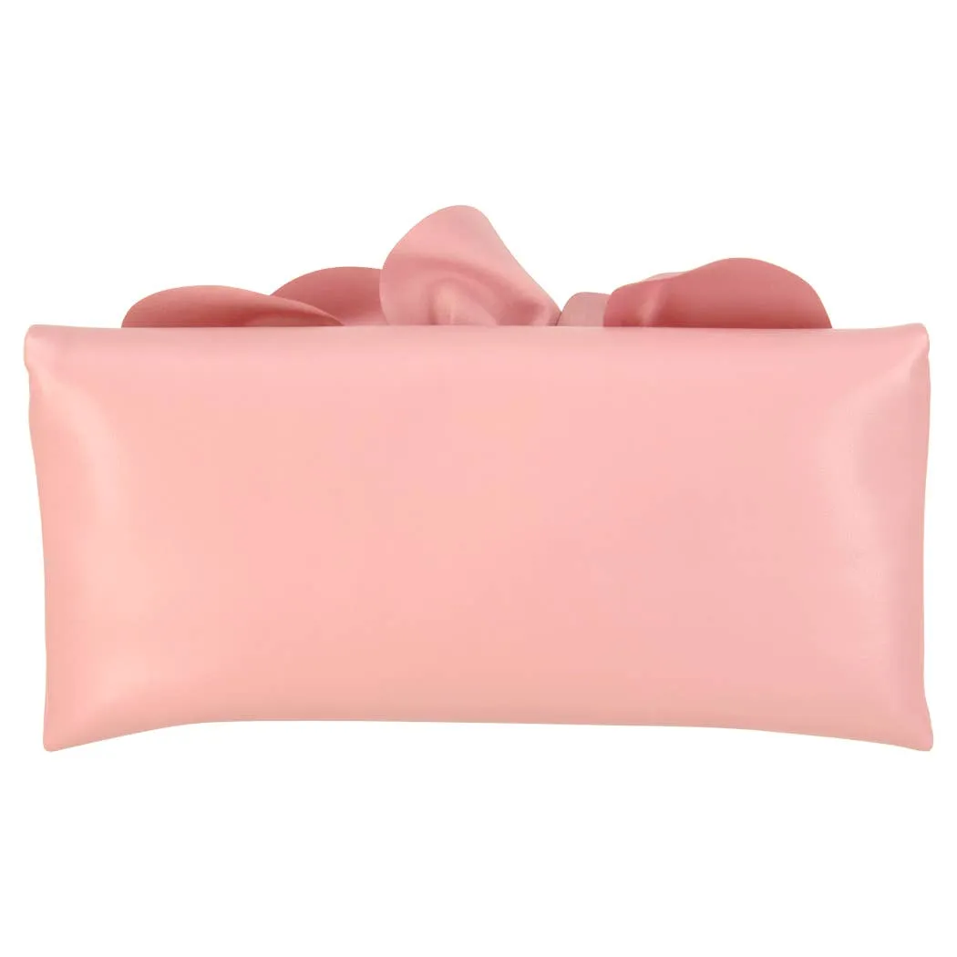 Soft Nappa Flap Clutch With Satin Rose Detail: BLACK