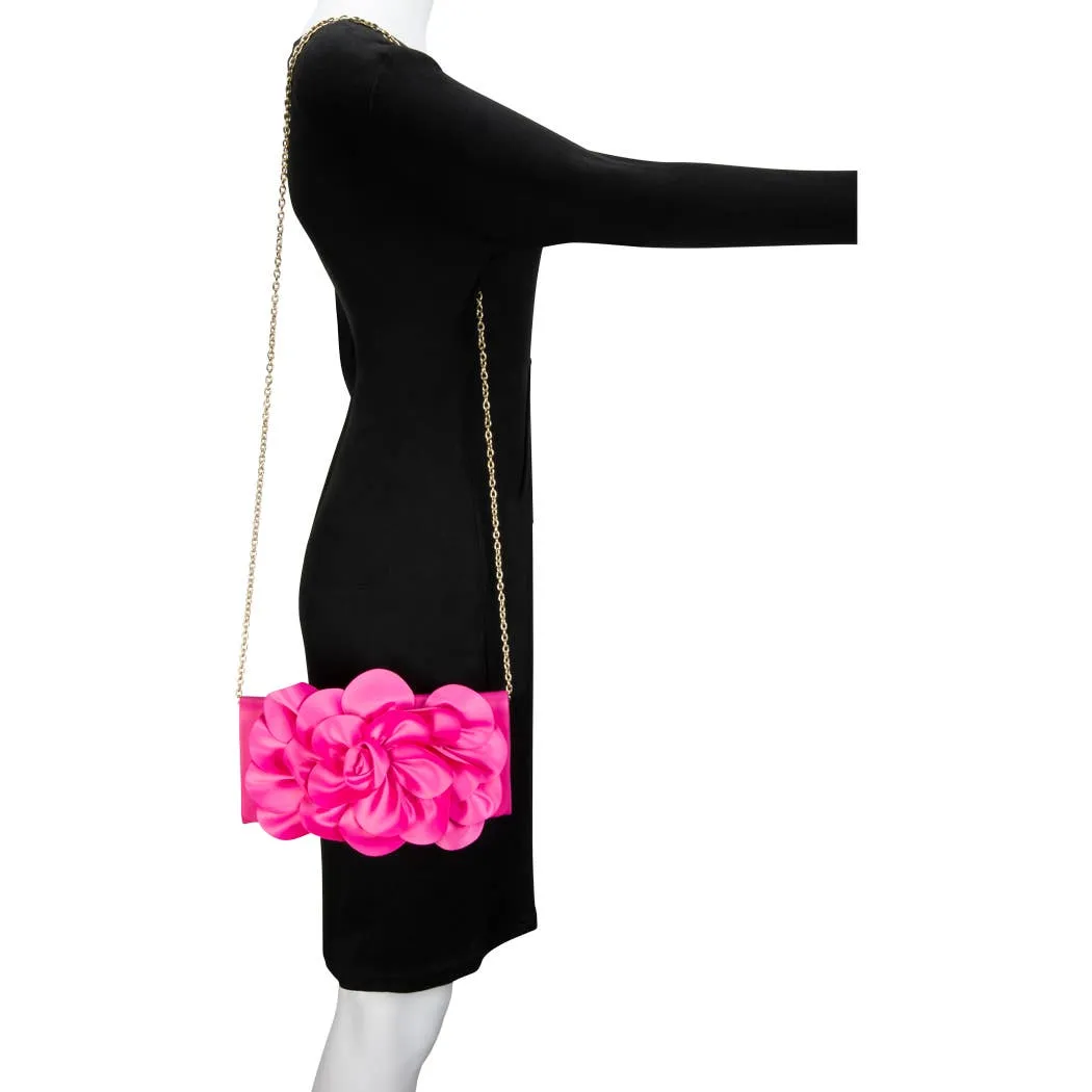 Soft Nappa Flap Clutch With Satin Rose Detail: BLACK