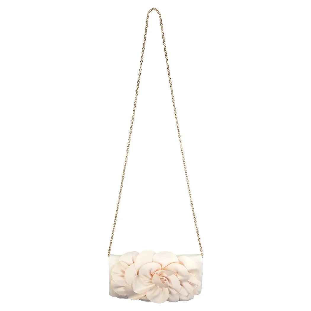 Soft Nappa Flap Clutch With Satin Rose Detail: BLACK