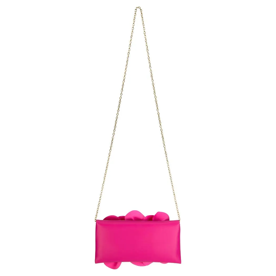 Soft Nappa Flap Clutch With Satin Rose Detail: BLACK