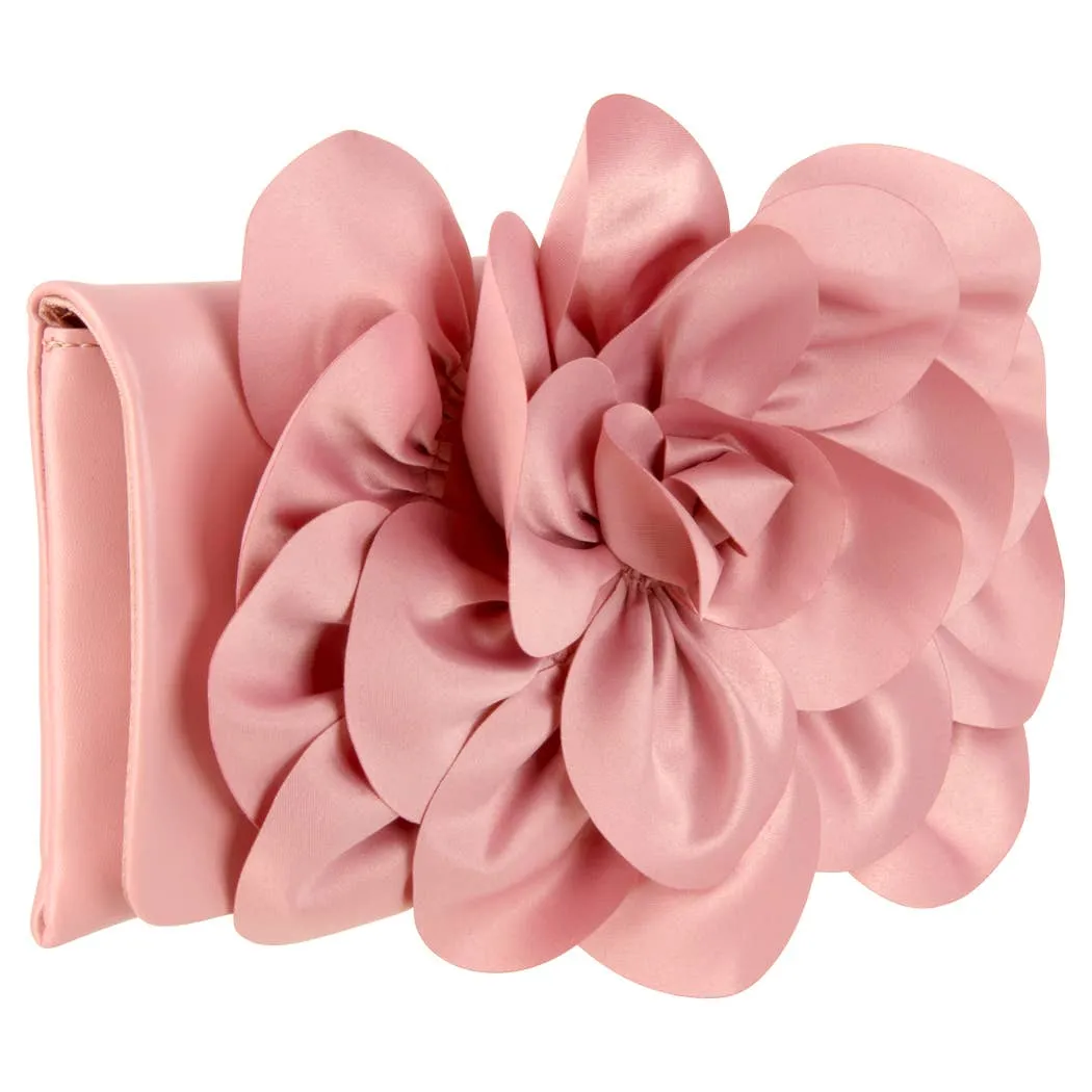 Soft Nappa Flap Clutch With Satin Rose Detail: BLACK