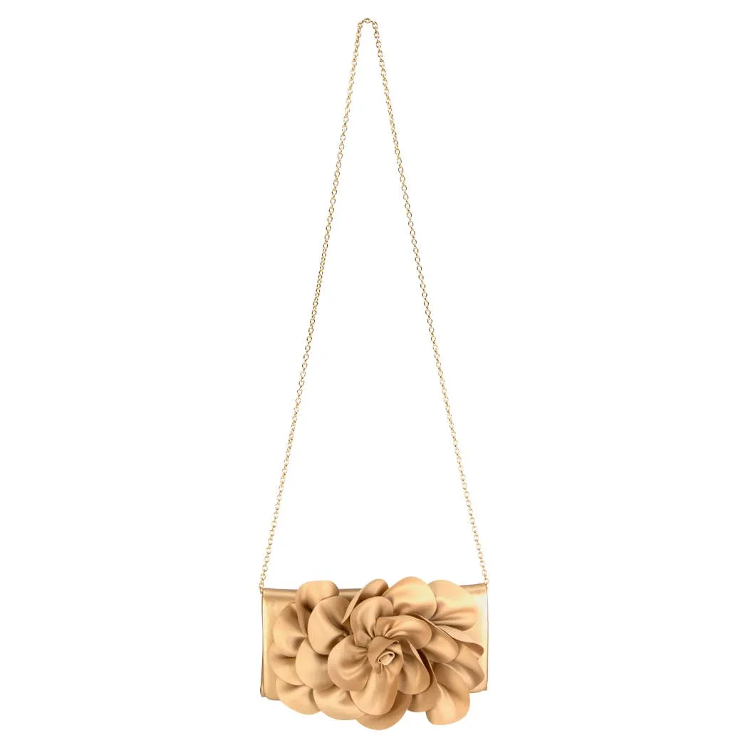 Soft Nappa Flap Clutch With Satin Rose Detail: BLACK