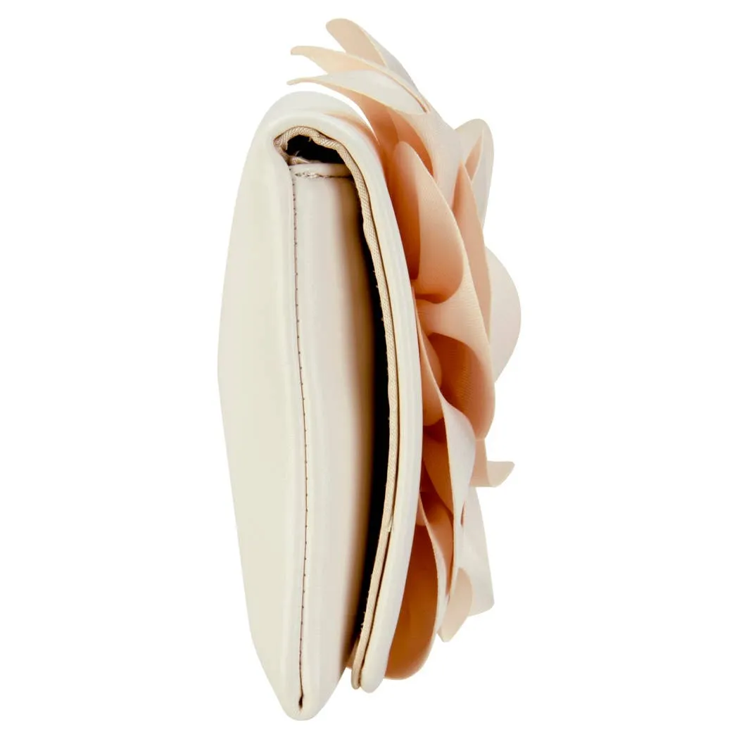 Soft Nappa Flap Clutch With Satin Rose Detail: BLACK