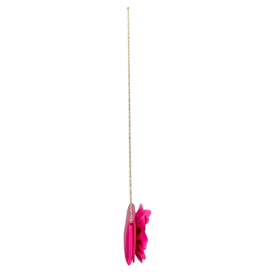 Soft Nappa Flap Clutch With Satin Rose Detail: BLACK
