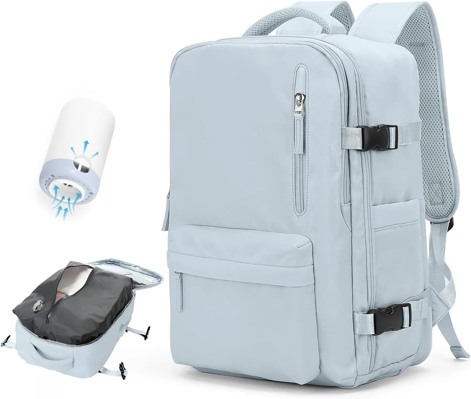 Vacuum Travel Backpack with Pump for Women,Airback Personal Item Carry on Backpacks Flight Approved 18x14x8 inches for Men,Laptop Waterproof Work Compression bags Casual Daypack,Blue