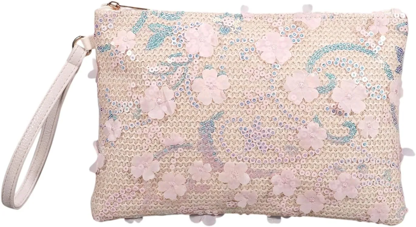 Women Floral Embroidery Beaded Clutch Purses, Woven Wristlet Sequin Summer Purse,Evening Bag for Formal Beach Party Wedding